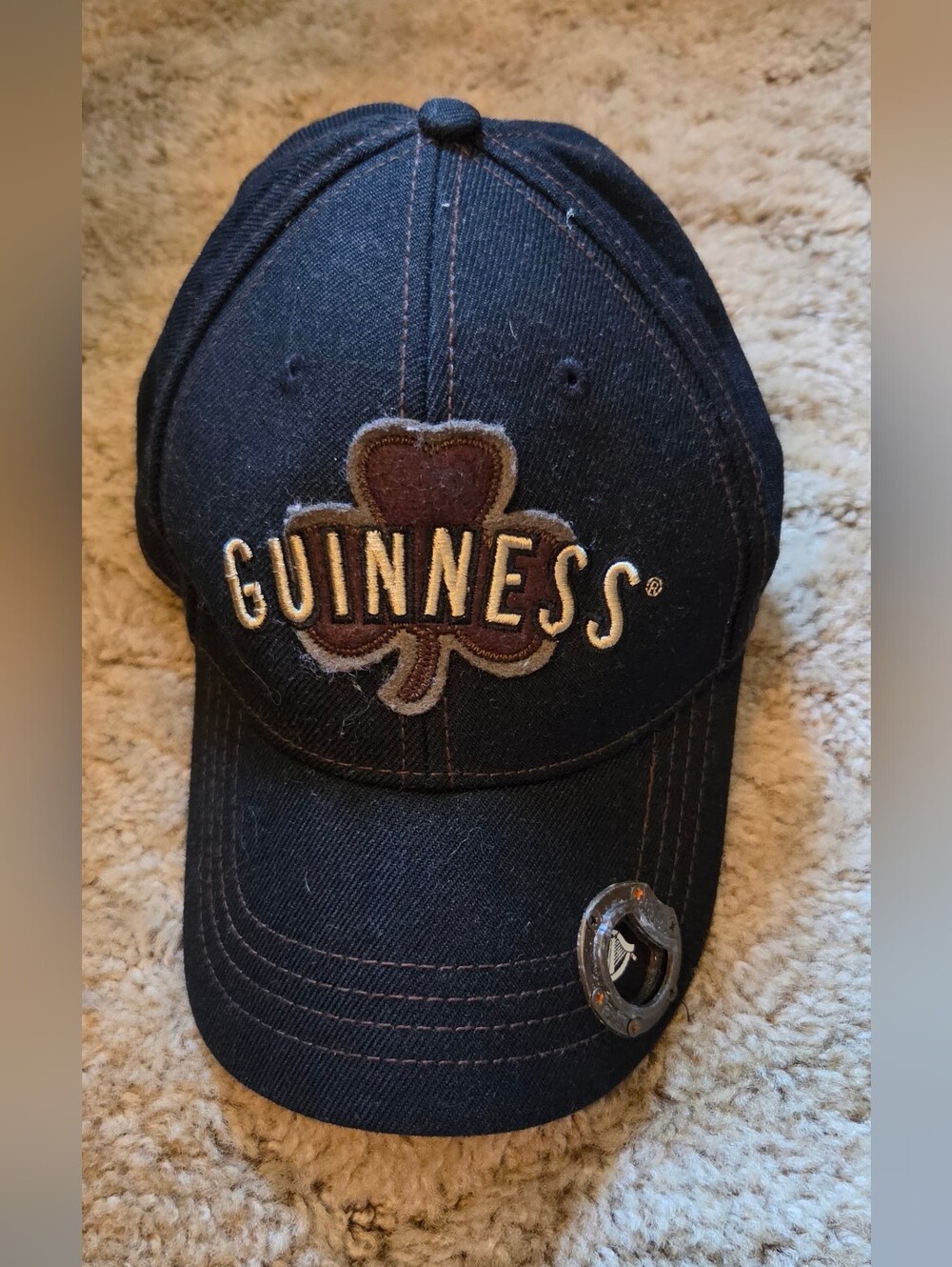 Guinness Black Cap with Brown Shamrock Patch And Bottle Opener, 20% Wool